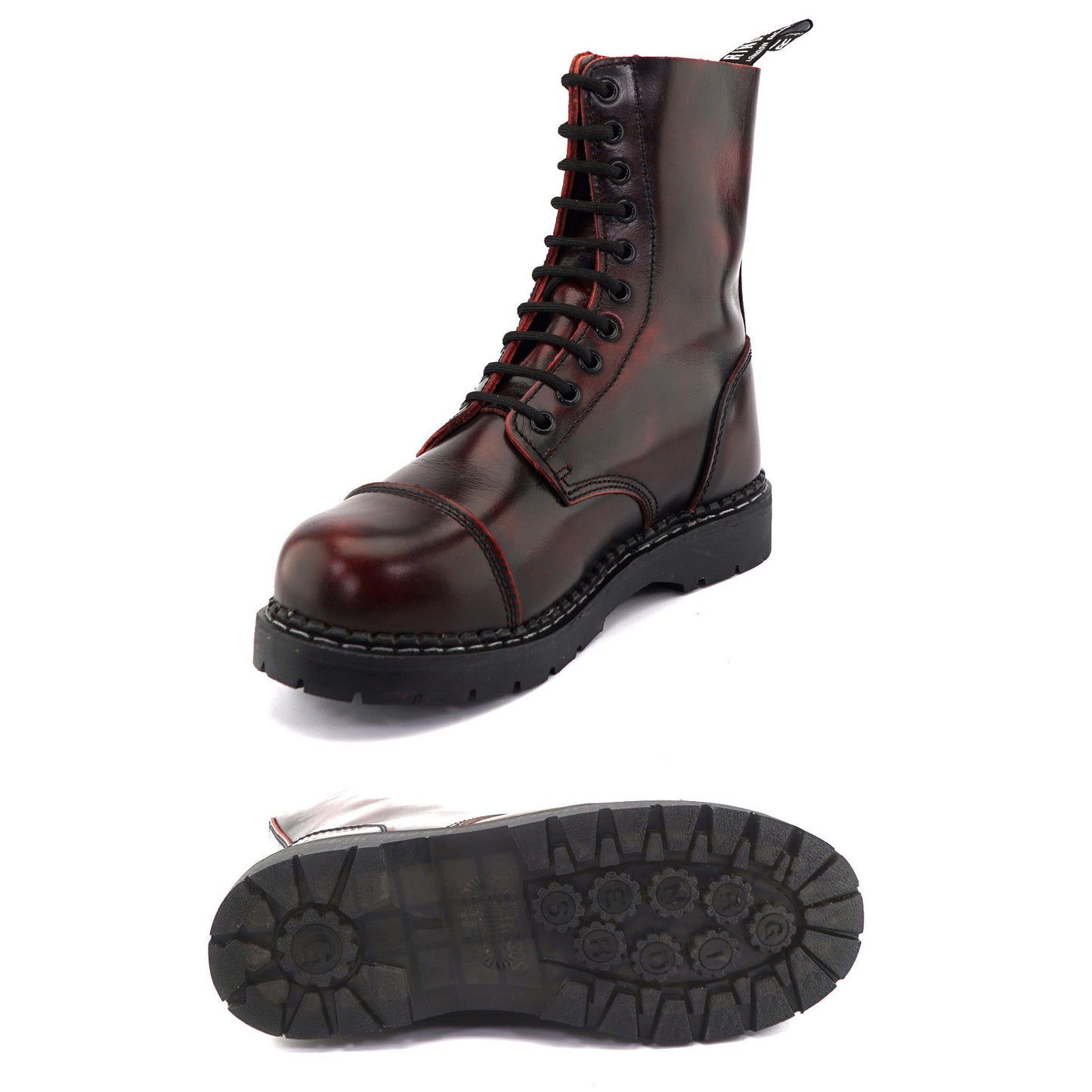 GRINDERS co.uk 10 Loch Boots STAG ACS with Steelcap and Air Cushioned Luftgepolstert Soles (Burgundy Rub Off)