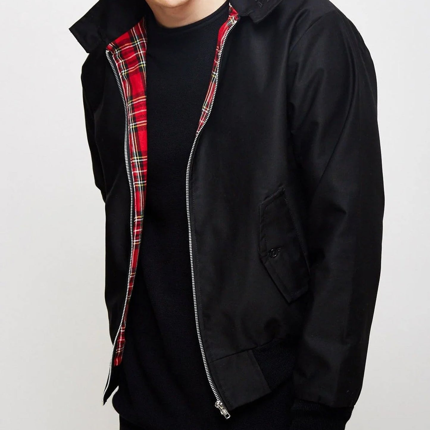 Harrington Jacke Blouson mit schottischem Tartan Futter (schwarz - black)