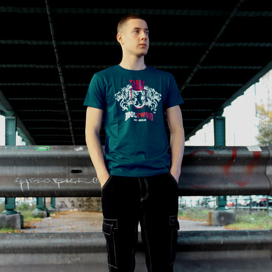 HOOLYWOOD – COAT OF ARMS T-Shirt/Nicki mit großem LION OST-BERLIN wappen Brustdruck Made in Germany (petrol blue)