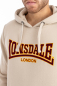 Preview: LONSDALE Kapuzensweatshirt mit zweifarbigem Flockdruck auf der Brust und einer Kängurutasche original LONSDALE London hooded sweatshirt with flock oldschool (beige - sand)