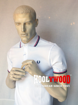 FRED PERRY Twin Tipped Poloshirt M3600, weiss - white, Streifen: dunkelblau-rot (navy-red)