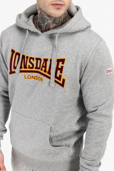 LONSDALE Kapuzensweatshirt mit zweifarbigem Flockdruck auf der Brust und einer Kängurutasche original LONSDALE London hooded sweatshirt with flock oldschool (grau melange - grey)