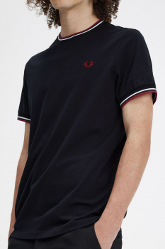 FRED PERRY T-Shirt (dunkelblau/navy) mit Doppelstreifen am Kragen und Arm (weiss/white, burgundy, Twin Tipped T-Shirt  - kostenloser Versand!