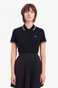 FRED PERRY Poloshirt für Mädchen und Damen - Girl Twin Tipped Shirt - Navy (Dunkelblau) / Snow White (Weiss) / Light Rust (Hellbraun)