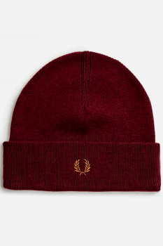 FRED PERRY Wollmütze - wool-beanie - Beanie aus Merinowolle - mit gesticktem FRED PERRY Kranz in braun - one size (weinrot- burgundy)