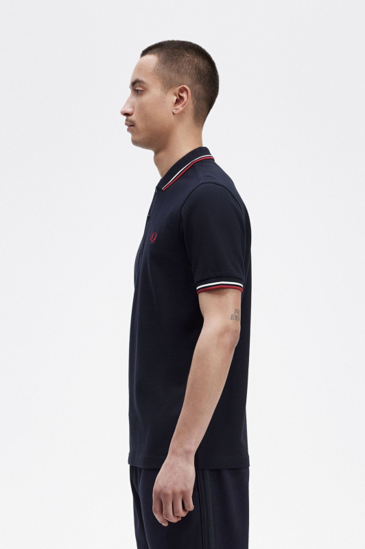 FRED PERRY Poloshirt dunkelblau - navy, Streifen: weiss/weinrot - white/burnt red - M3600 - verandkostenfrei