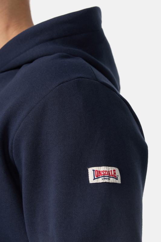 LONSDALE Kapuzensweatshirt mit zweifarbigem Flockdruck auf der Brust und einer Kängurutasche original LONSDALE London hooded sweatshirt with flock oldschool (dunkelblau - navy)