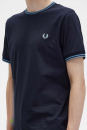 FRED PERRY Ringer T-Shirt mit Doppelstreifen am Arm (dunkelblau - navy) Streifen: skyblue und silverblue - kostenfreier Versand!